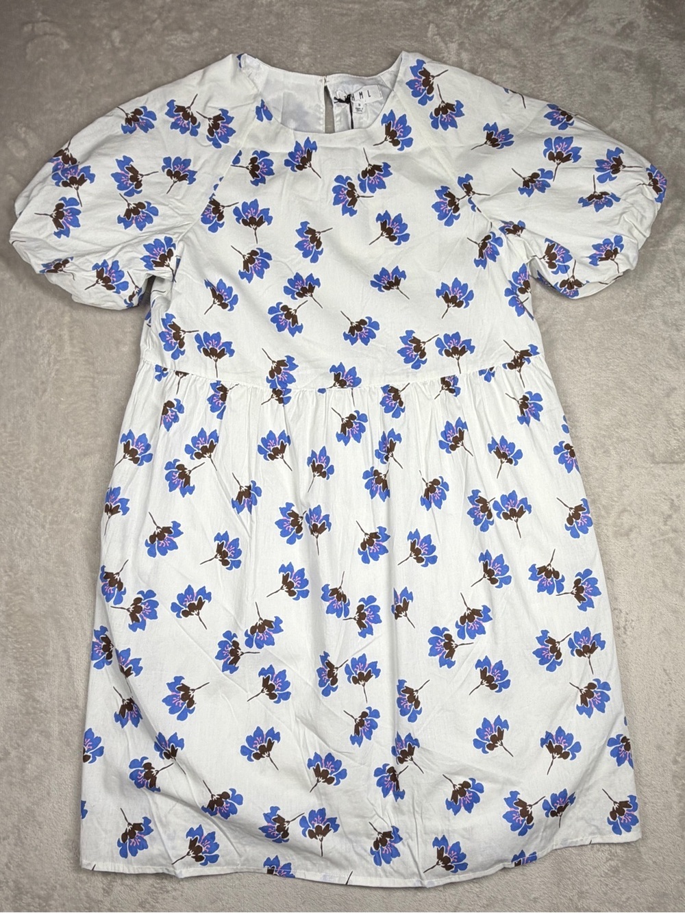 NWT THML Floral White Blue Brown Puff Sleeve High Neckline Mini Dress Size Small